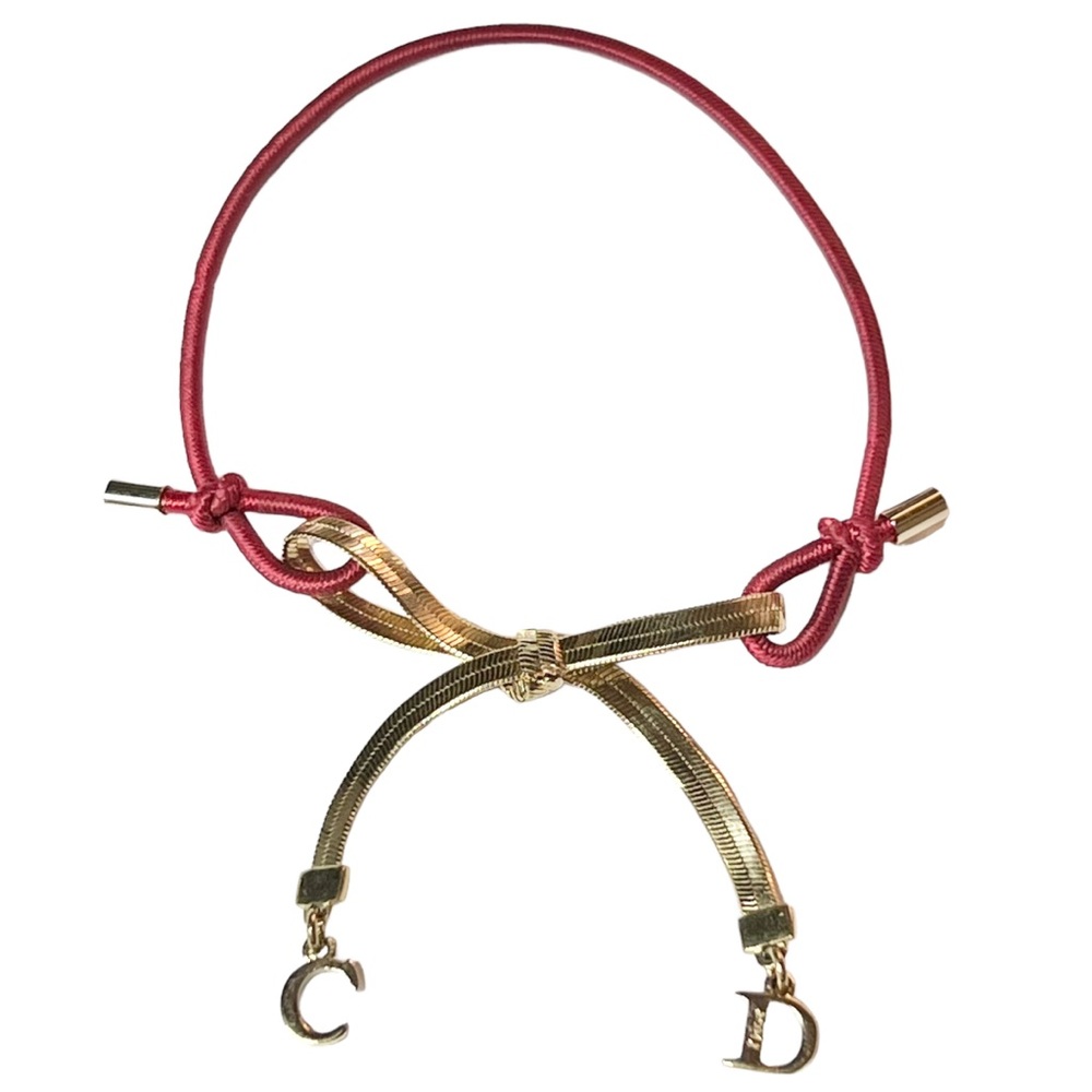 VTG AUTH Christian Dior Red Elastic Gold Chain CD Logo Bow Charm Bracelet - Picture 5 of 12